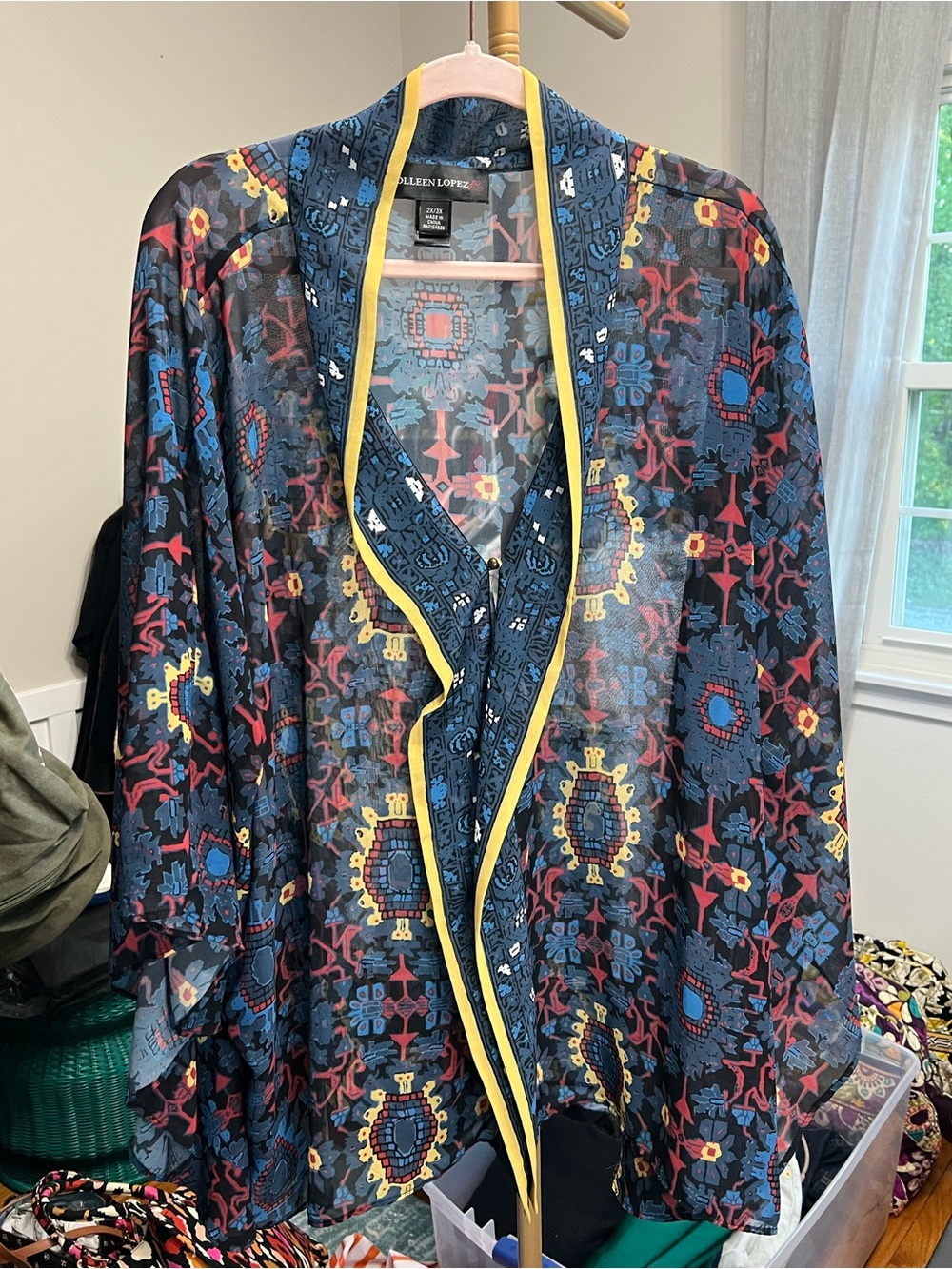 Colleen Lopez Sheer Printed Kimono in Navy, Blue & Coral